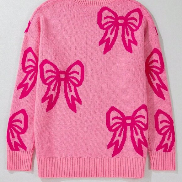 Pink Casual Women's Bow print Round Neck Long Sleeved Pullover Sweater - Picture 4 of 7